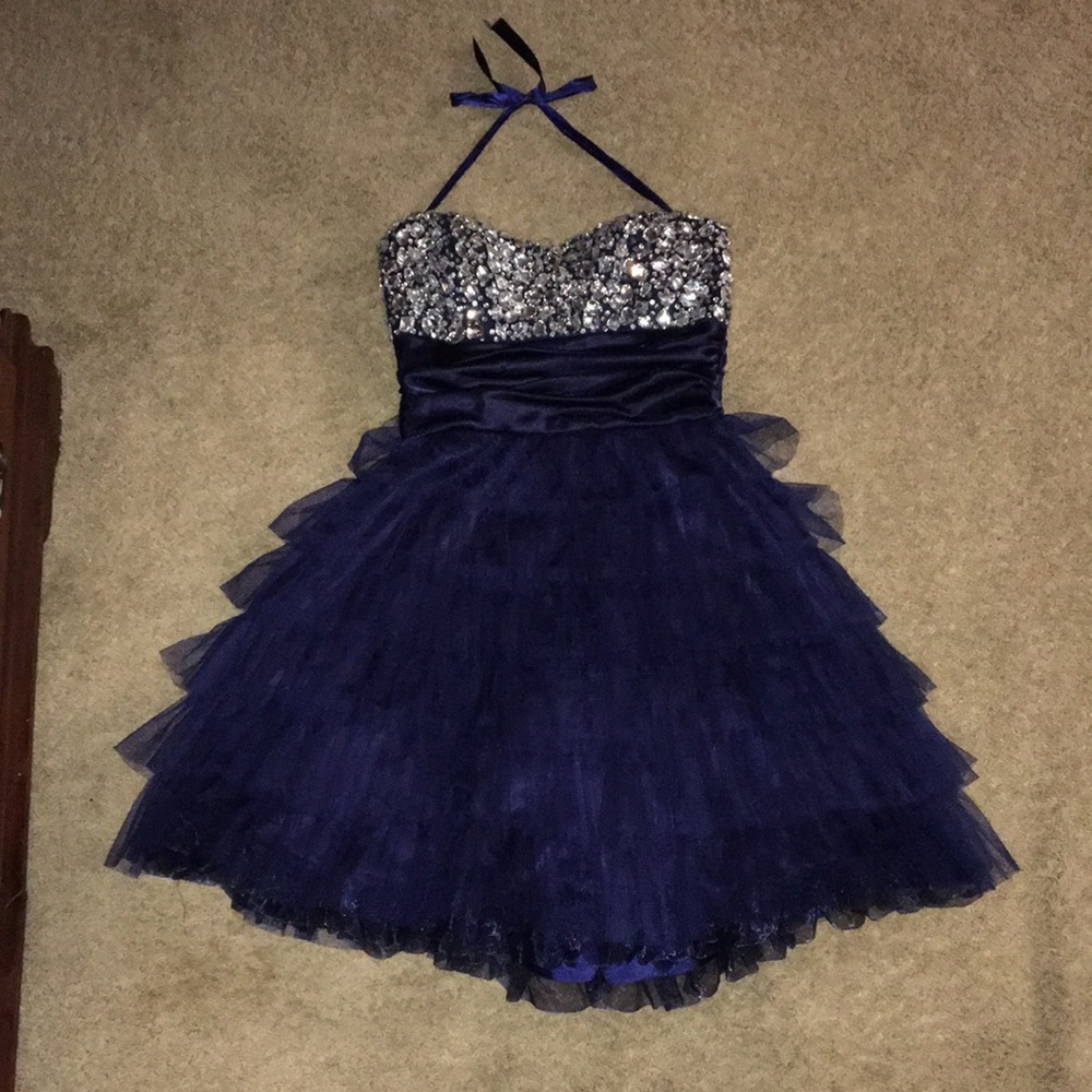 Deb short formal prom dress dark blue ruffle tiered gems rhinestone